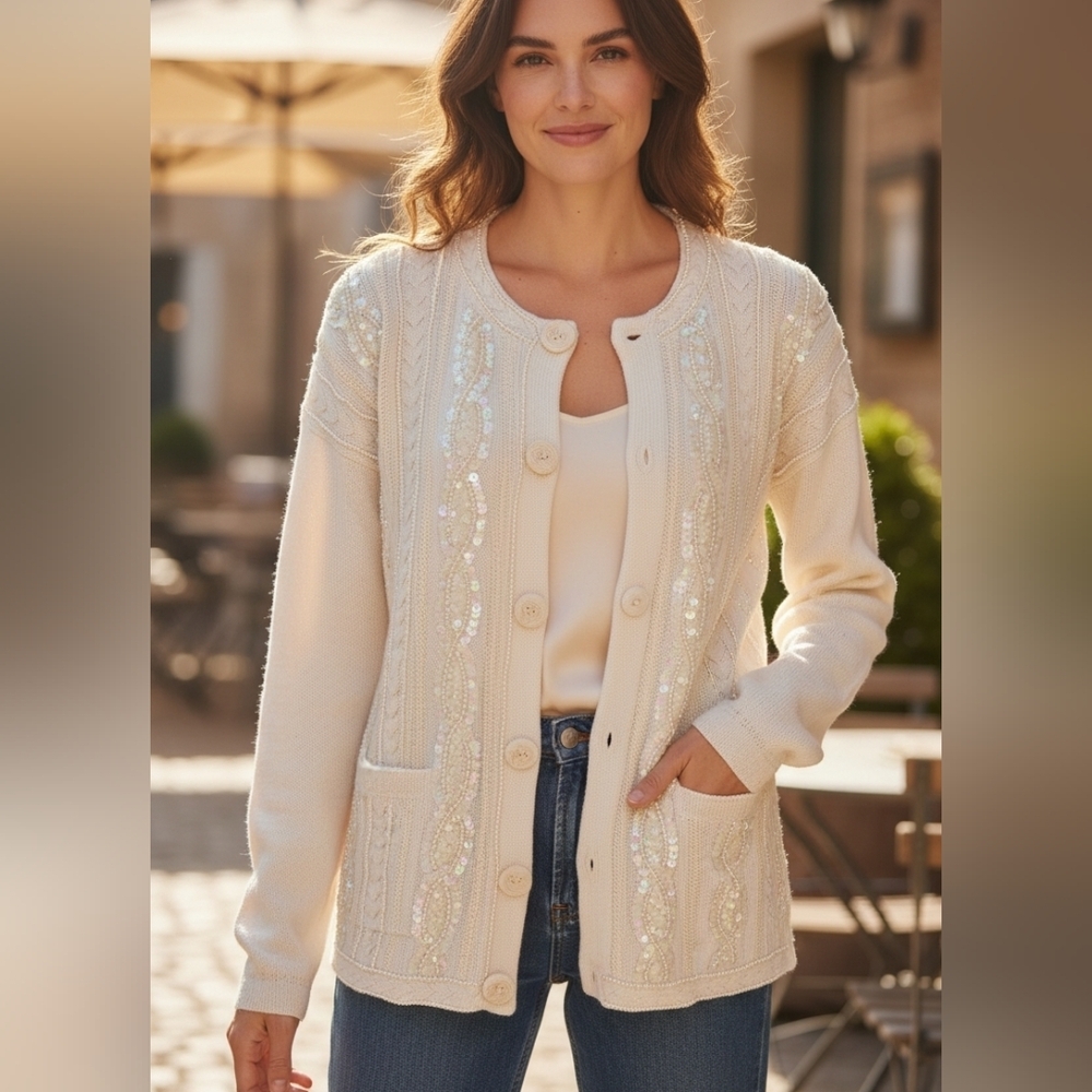 Vintage VICTORIA HARBOUR Beaded Cable Knit Cardigan Sweater. Ivory. Large